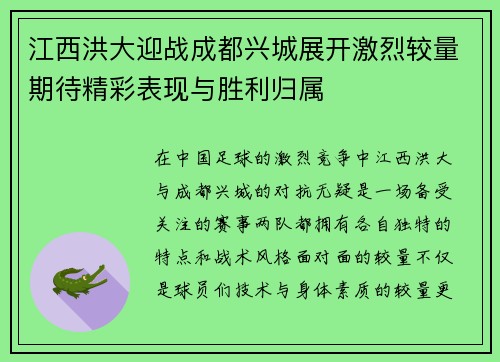 江西洪大迎战成都兴城展开激烈较量期待精彩表现与胜利归属