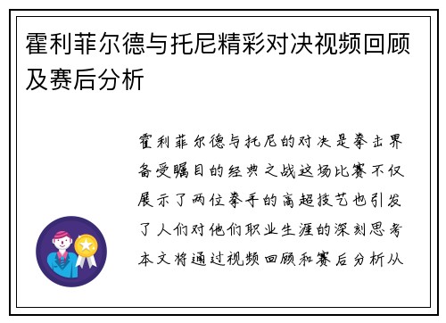 霍利菲尔德与托尼精彩对决视频回顾及赛后分析